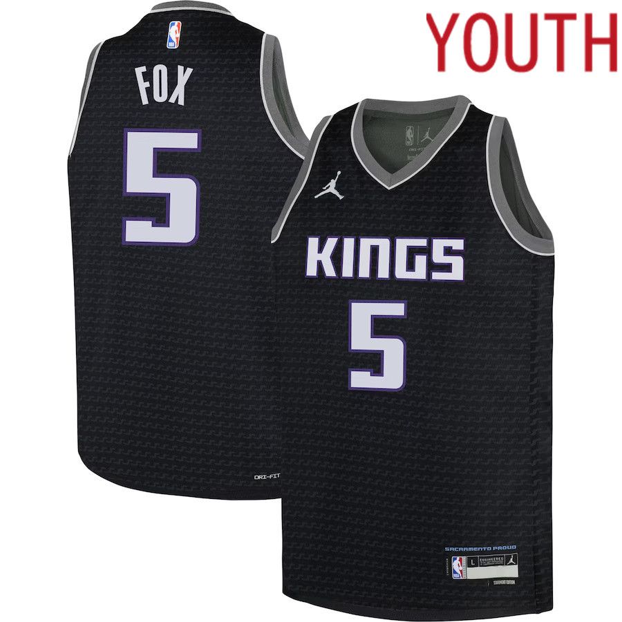 Youth Sacramento Kings #5 De Aaron Fox Jordan Brand Black 2022-23 Swingman NBA Jersey